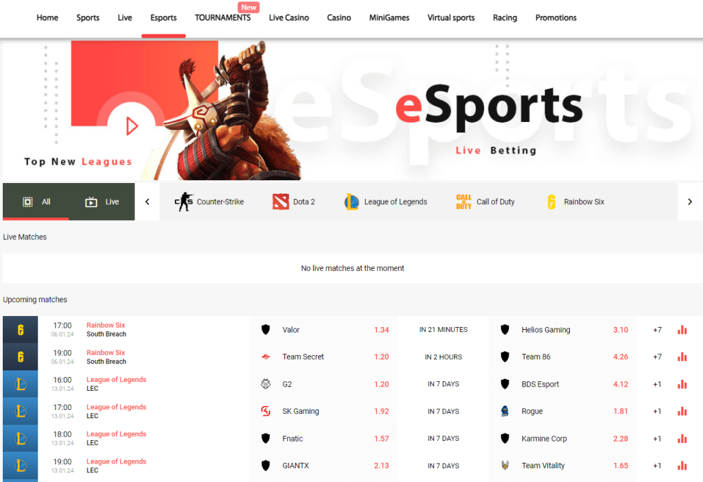 e스포츠 베팅 페이지에서는 현재 진행 중인 라이브 게임 경기를 보면서 베팅을 할 수 있으며 게임 전 사전 베팅도 가능하다.